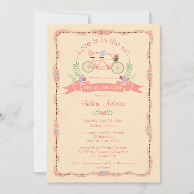 Invitation Bicyclette en tandem, oiseaux et Fête des mariées  (Devant)
