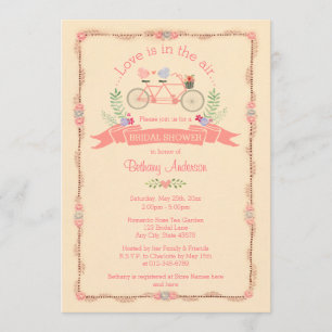 Invitation Bicyclette en tandem, oiseaux et Fête des mariées 
