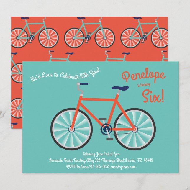 Invitation Bicyclette mignonne Enfants Vélo Anniversaire Fête (Devant / Derrière)