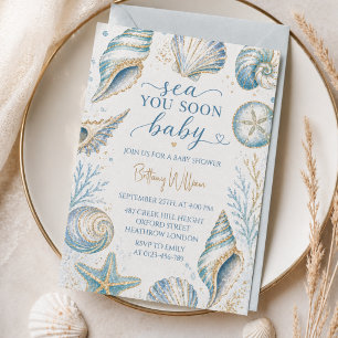 Invitation Bientôt sur les mers Coquillages bleus Baby Shower