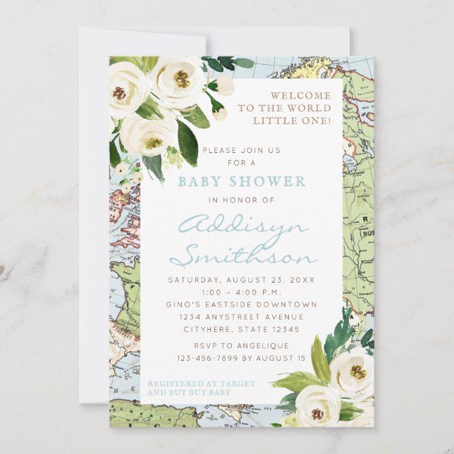 Invitation Bienvenue Au Baby shower Mondial Floral Map (Devant)