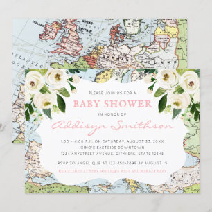 Invitation Bienvenue Au Monde Floral Map Baby shower Rose