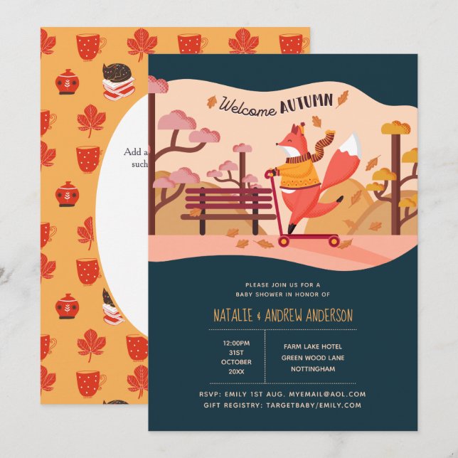 Invitation Bienvenue Automne Cosy Fox Folk Art Baby shower (Devant / Derrière)