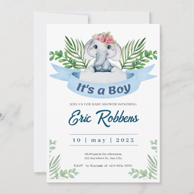 Invitation Bienvenue bébé garçon douche éléphant (Devant)
