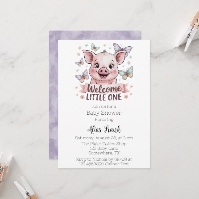 Invitation Bienvenue Little One - Joli Baby shower de Piglet (Devant/Arrière en situation)