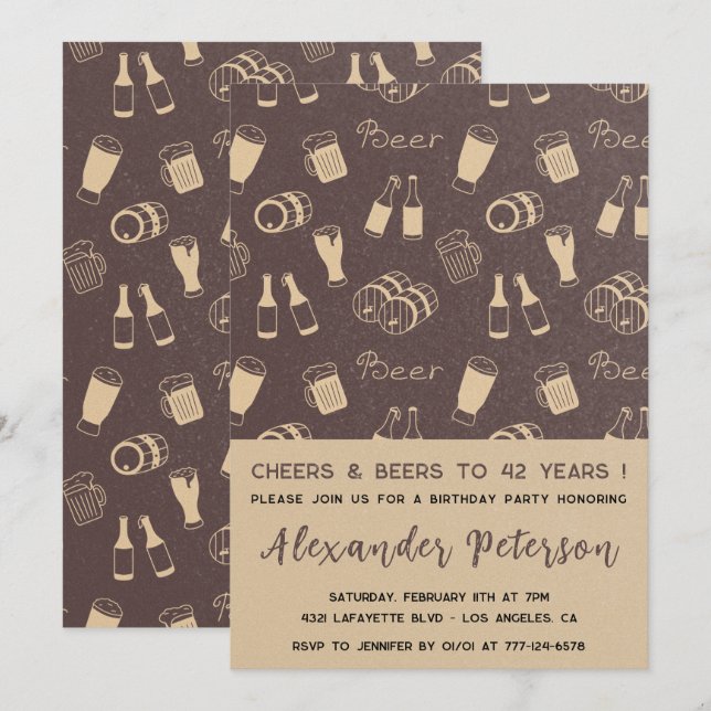 Invitation Bière Adulte Rustique Motif Hommes 42e anniversair (Devant / Derrière)
