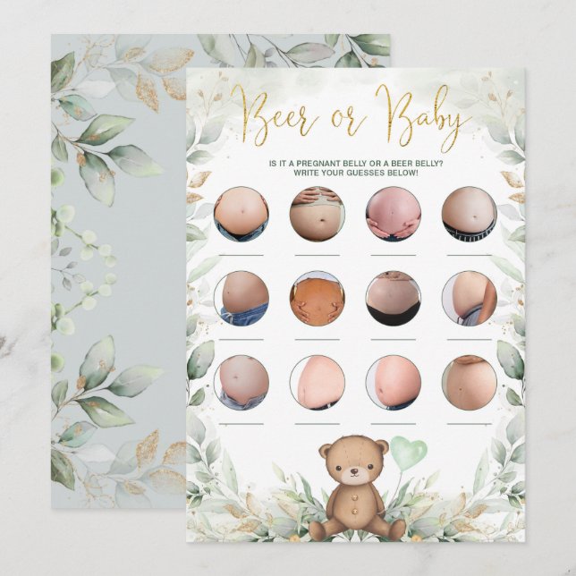 Invitation Bière ou bébé ventre Teddy Ours Vert Jeu de douche (Devant / Derrière)