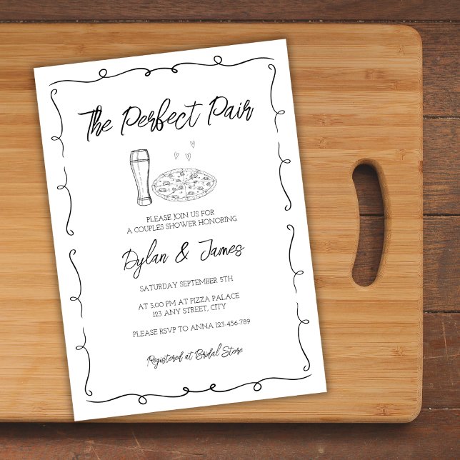 Invitation Bière & Pizza Couples Perfect Paire Creusés À La M (Beer & Pizza Perfect Pair Hand Drawn Couples Invitation)