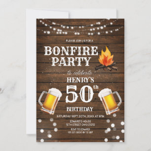 Invitation Bière Rustique Bois Bonfire 50e anniversaire