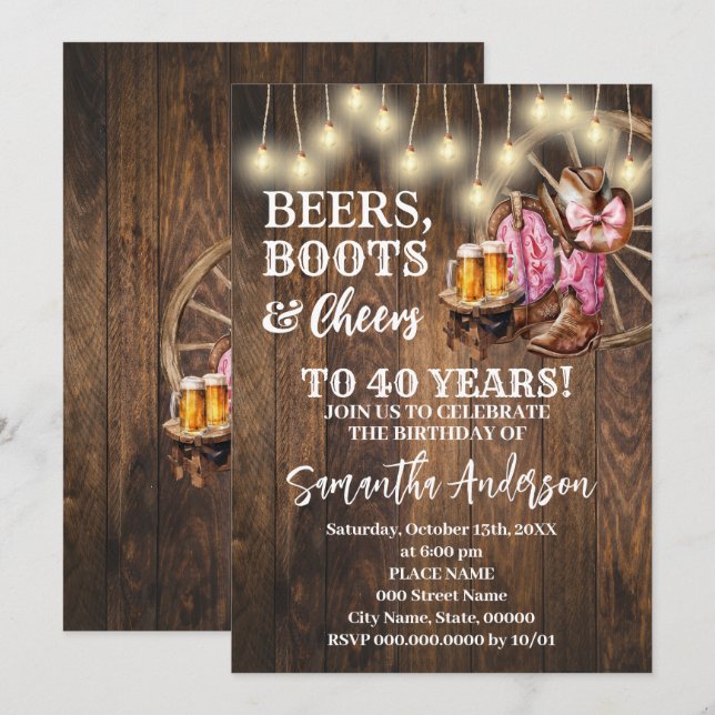 Invitation Bières Boots & Cheveux Pink Western Pays Anniversa (Devant / Derrière)