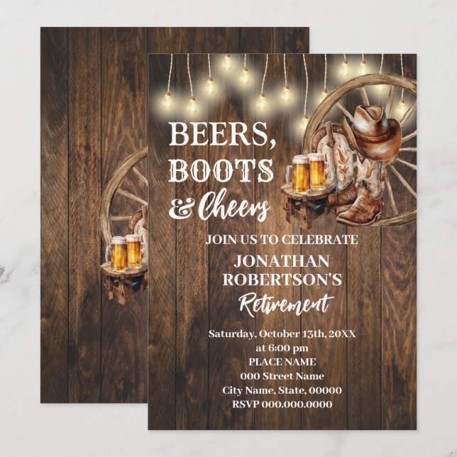 Invitation Bières de retraite Boots & Cheveux Western Party (Devant / Derrière)