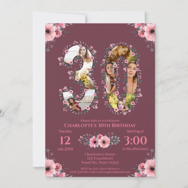 Invitation Big 30th Birthday Photo Collage Rose Flower Woman (Devant)