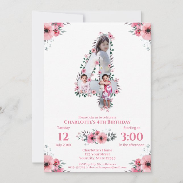 Invitation Big 4th Birthday Girl Photo Collage Fleur rose (Devant)