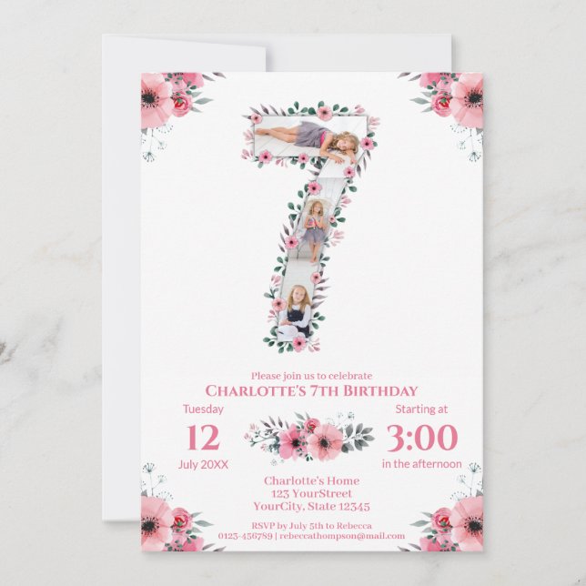 Invitation Big 7th Birthday Girl Photo Collage Fleur rose (Devant)