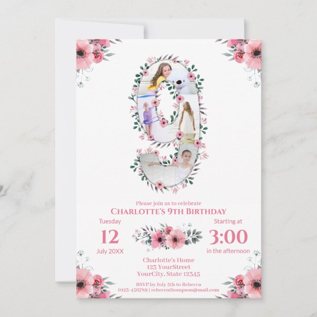 Invitation Big 9th Birthday Girl Photo Collage Fleur rose (Devant)