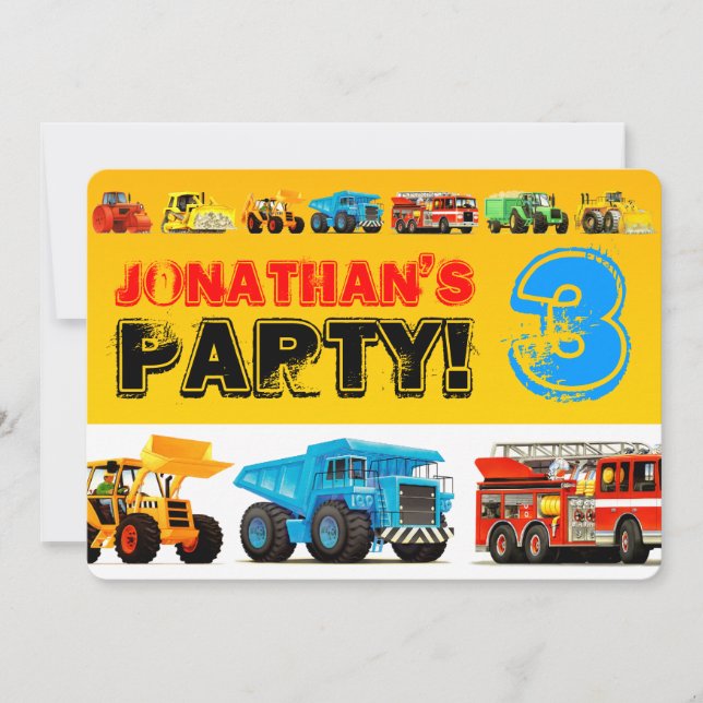 Invitation Big Construction Truck 3rd Boy's Birthday Party (Devant)