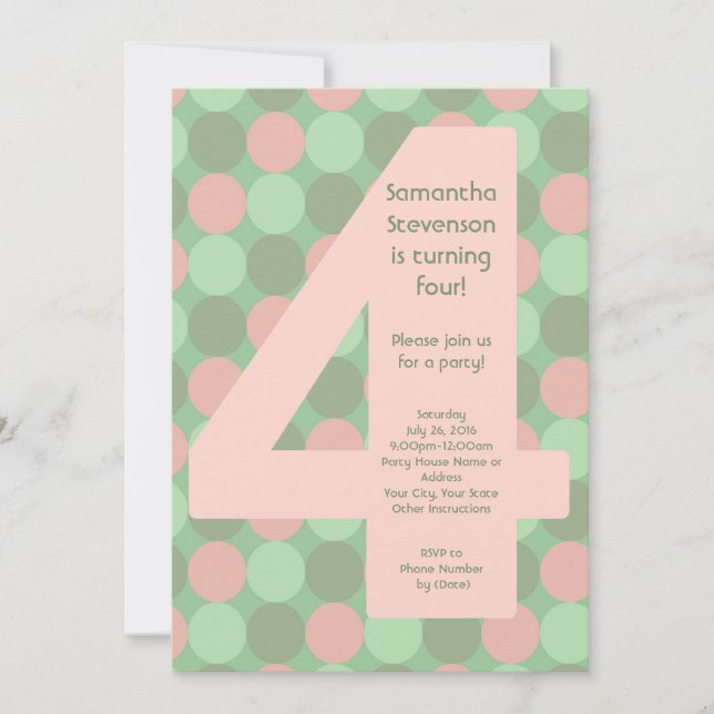 Invitation Big Number4 Fille 4e anniversaire (Devant)