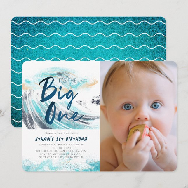 Invitation Big One Blue Wave Surfing 1er Anniversaire Photo (Devant / Derrière)