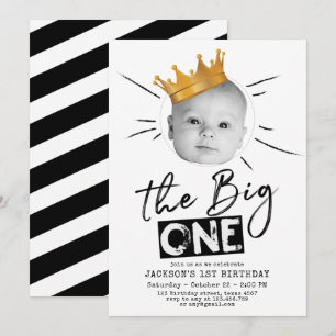 Invitation Big One First Birday Photo moderne noir blanc