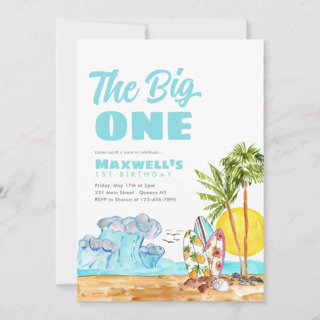 Invitation Big One Surf Waves Tropical Beach 1er anniversaire (Devant)