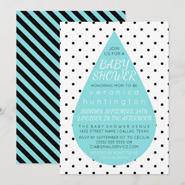 Invitation Big Raindrop & Baby shower bleu Pois (Devant / Derrière)