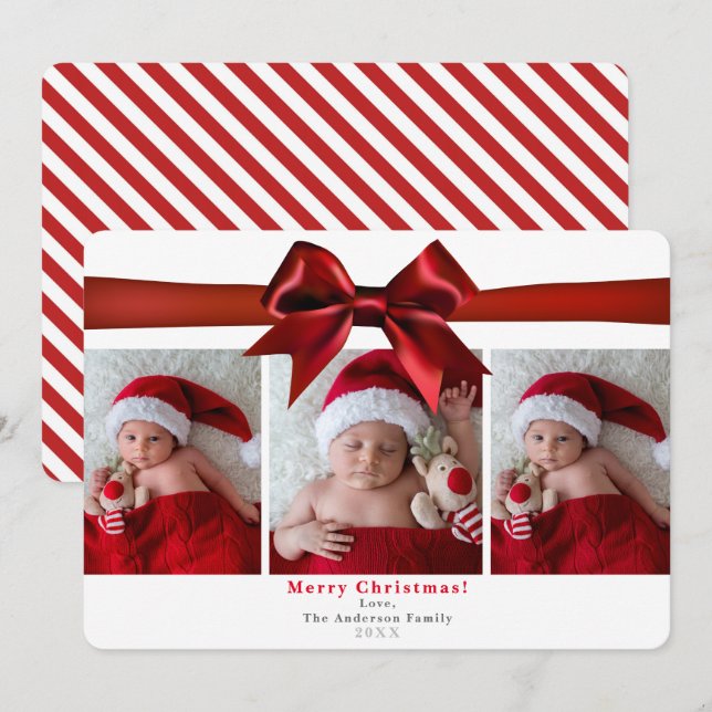 Invitation Big Red Satin Bow Noël Holiday 3 Photos Photo (Devant / Derrière)