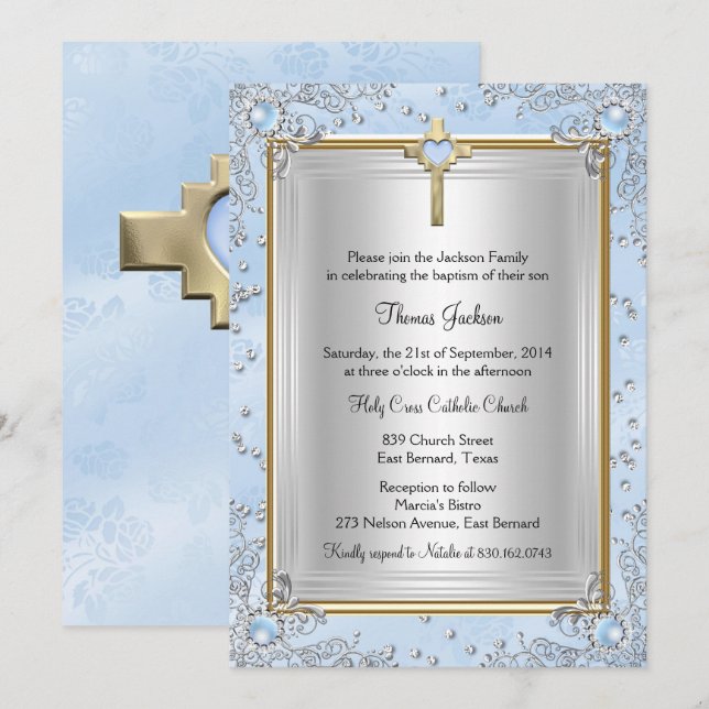 Invitation Bijou bleu étincelant Baptême Christening Or (Devant / Derrière)