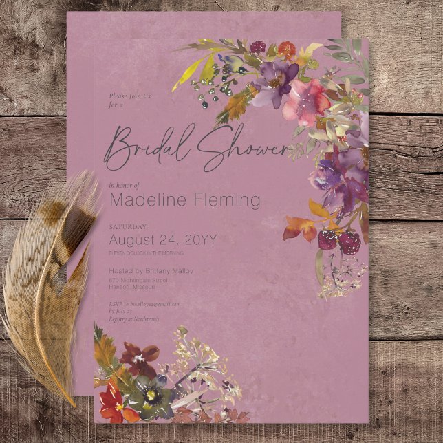 Invitation Bijou Boho Rustique Tone Plum Florals Fête des mar (Rustic Boho Jewel Tone Plum Florals Bridal Shower Invitation)