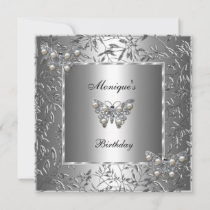 Invitation Bijou élégant d'anniversaire papillon floral argen