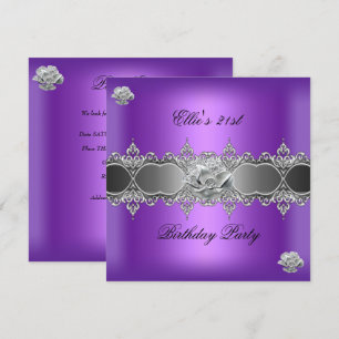 Invitation Bijou Élégant Fleur Purple Argent pour 21ème Anniv