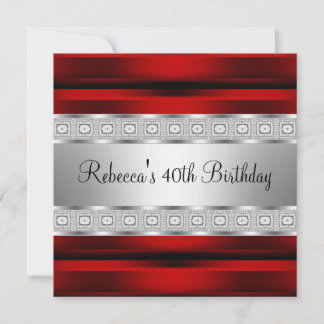 Invitation Bijou Élégant Rouge Argent 40e Anniversaire