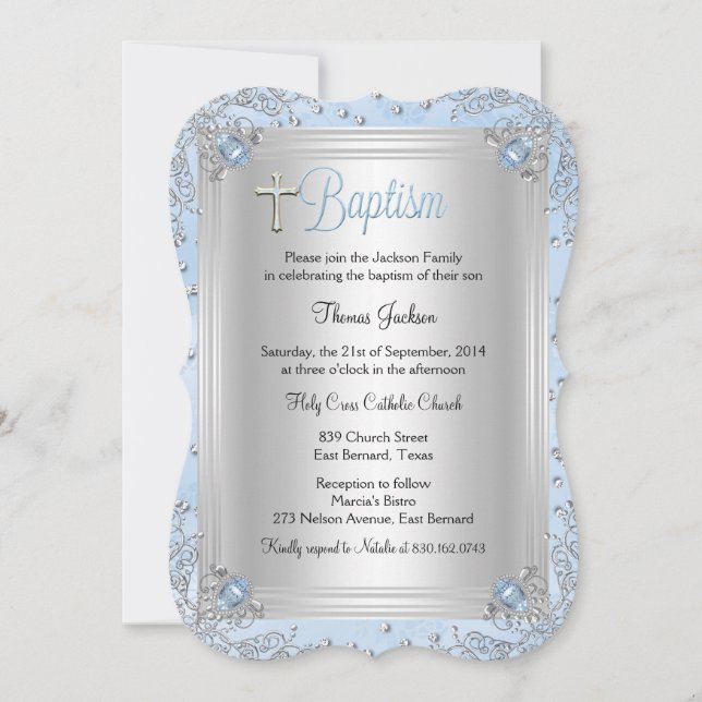 Invitation Bijou étincelant bleu Baptême Christening (Devant)