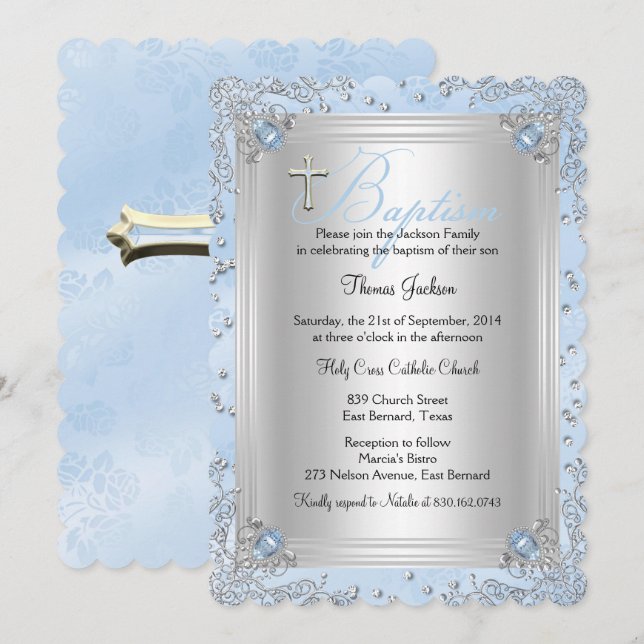 Invitation Bijou étincelant bleu Baptême Christening 2 (Devant / Derrière)