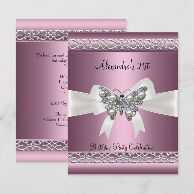 Invitation Bijou Papillon Satin Rose Élégant 21e Anniversaire (Devant / Derrière)