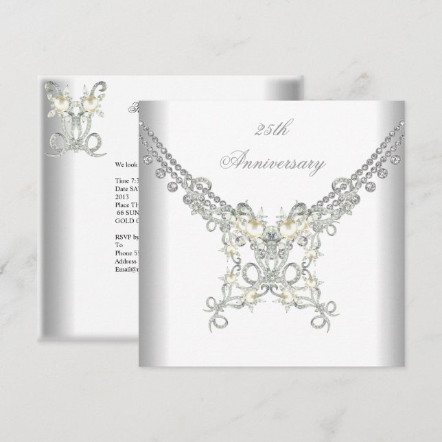 Invitation Bijou perle blanche argent 25e anniversaire (Devant / Derrière)