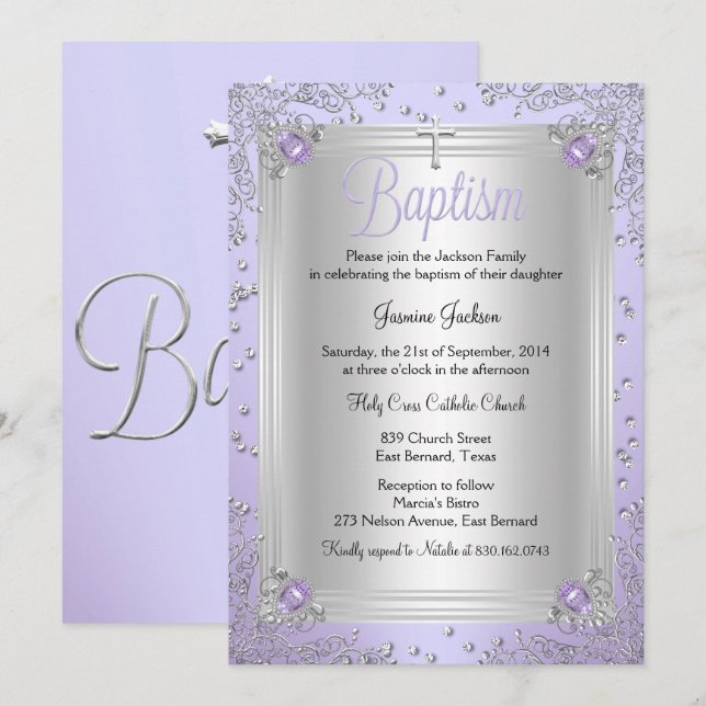 Invitation Bijou pourpre étincelant Baptême Christening (Devant / Derrière)