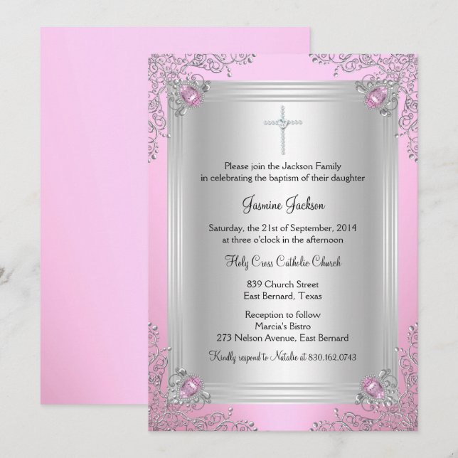 Invitation Bijou rose étincelle Baptême/Invitation Christenin (Devant / Derrière)