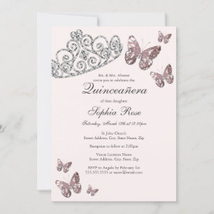 Invitation Bijou rose vif Tiara Papillon Quinceanera