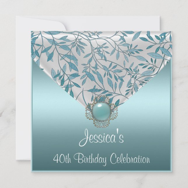 Invitation Bijou Turquoise bleu floral blanc 40e anniversaire (Devant)