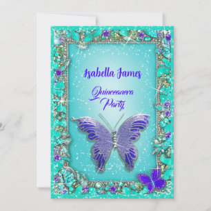 Invitation bijoux bleu violet turquoise mousseux Papillons