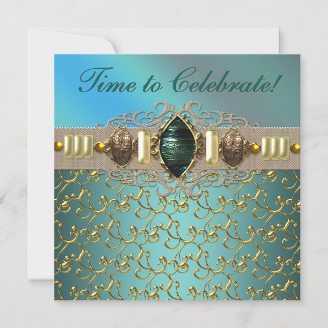 Invitation Bijoux Emerald Turquoise Blue Gold fête d'annivers (Devant)