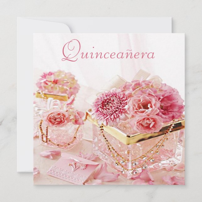 Invitation Bijoux en glamour, fleurs roses et boîtes Quincean (Devant)