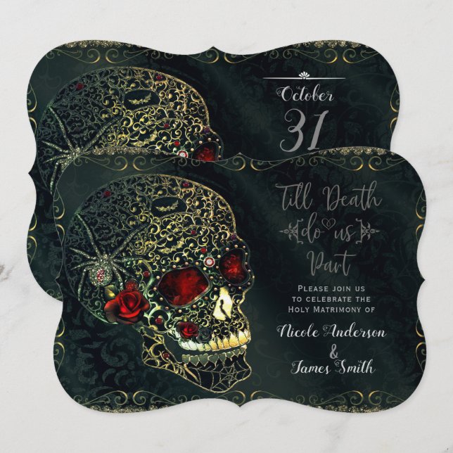 Invitation Bijoux Spider Crâne et Roses Glam Mariage gothique (Devant / Derrière)