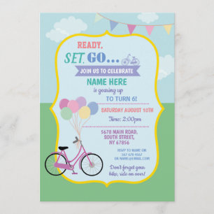 Invitation Bike Anniversaire Bicyclette Balloons Party Pink