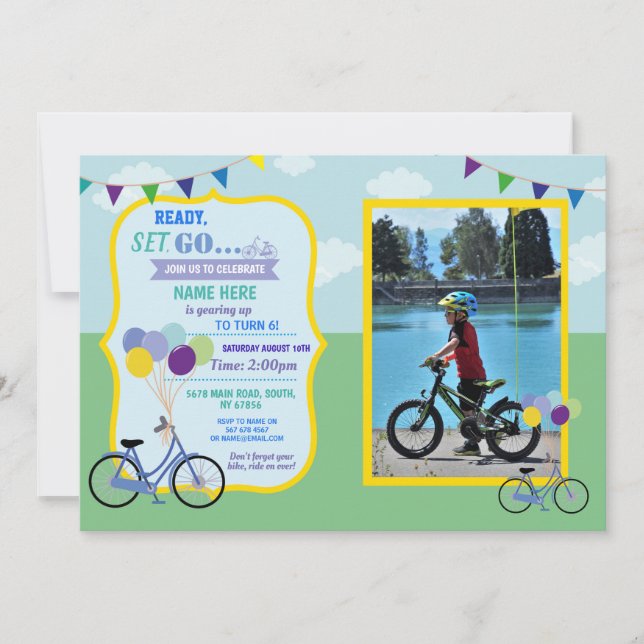 Invitation Bike Birthday Bicycle Party Blue Boys Photo (Devant)