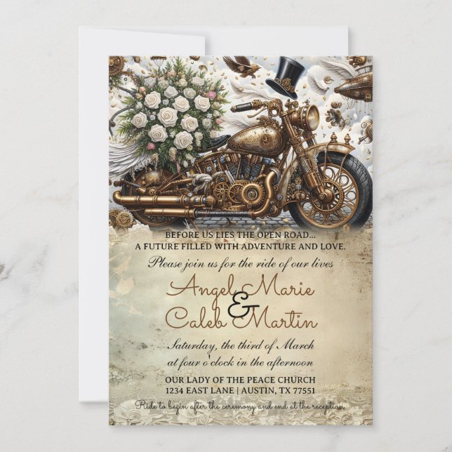 Invitation Biker Motorcycle Wedding Gold White (Devant)