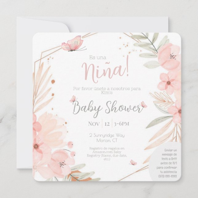 Invitation Bilingue (2 faces) Baby shower fille rose (Devant)