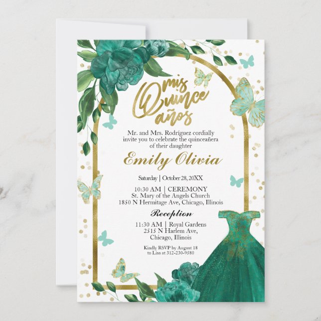 Invitation Bilingue Quinceanera Butterflys Emerald Green (Devant)