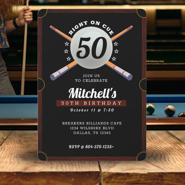 Invitation Billard de piscine 50e fête d'anniversaire Noir (Pool Billiards 50th Birthday Party Black Invitation
)