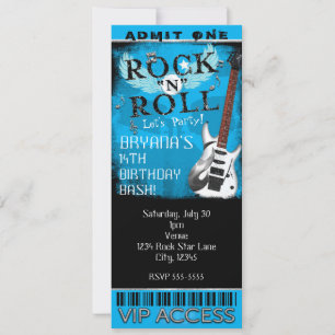 Invitation Billet Anniversaire VIP Blue Glam Rock N Roll Star